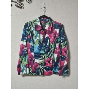 Additions By Chicos Jacket Womens 1 Long Sleeve Button Up w Pockets Floral Top